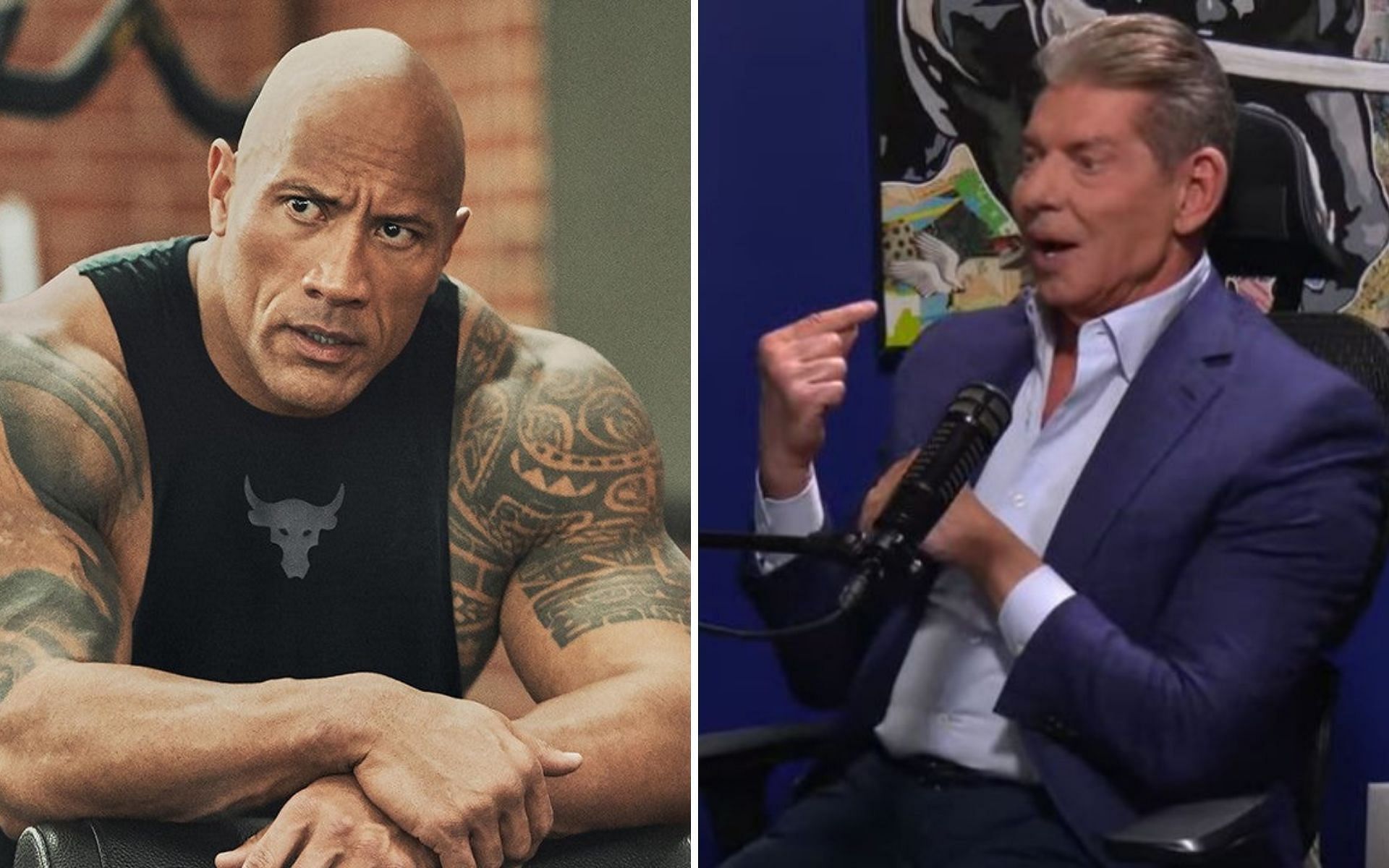 The Rock (left); Vince McMahon on the Pat McAfee show (right)