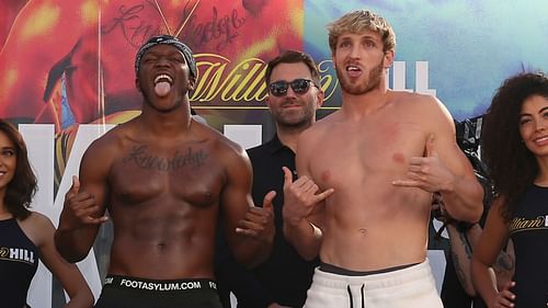 KSI (left) and Logan Paul (right) on stage during their weigh-in