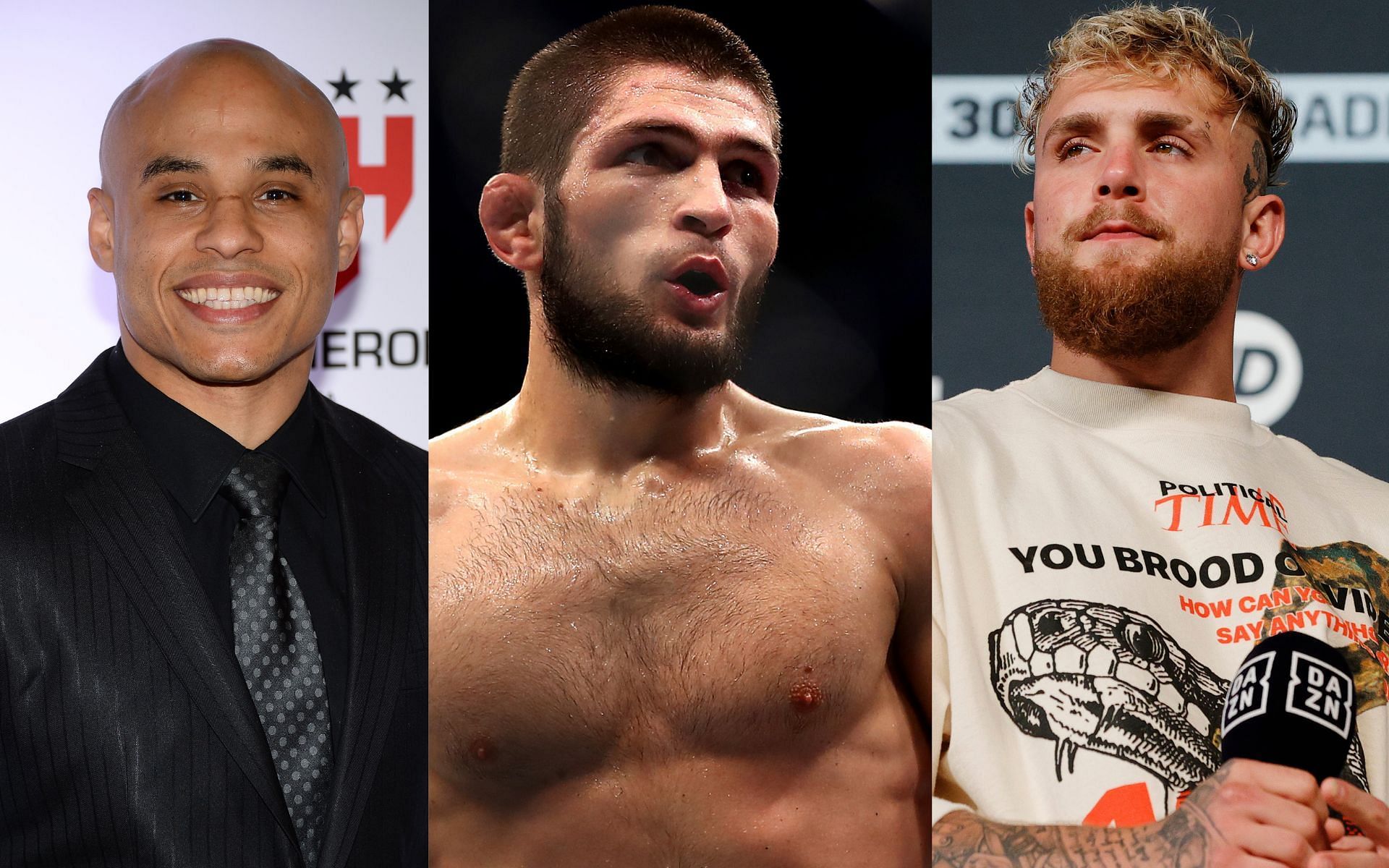 Ali Abdelaziz (left), Khabib Nurmagomedov (centre), Jake Paul (right)