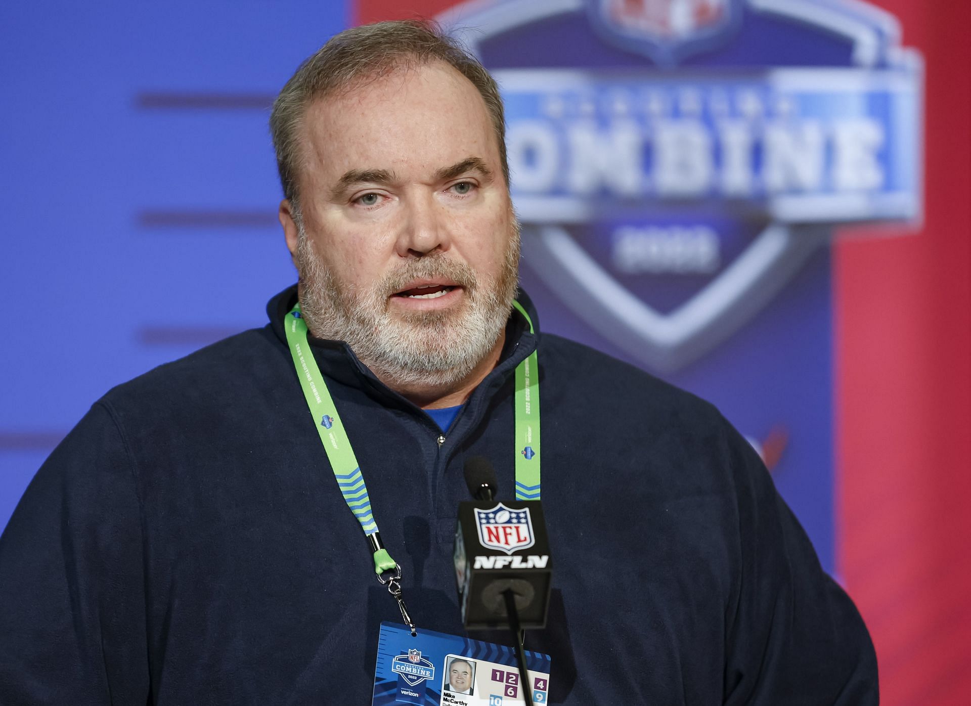 Dallas Cowboys head coach Mike McCarthy speaking at the NFL Combine