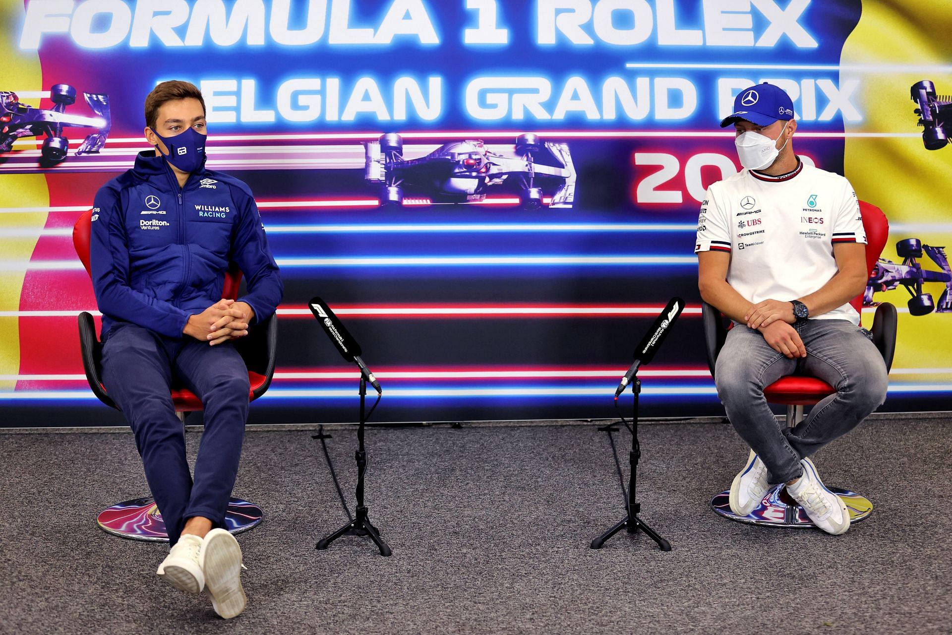 2021 F1 Grand Prix of Belgium - Valtteri Bottas (right) and his future Mercedes replacement George Russell