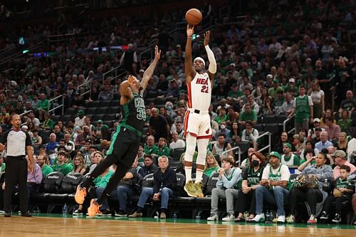 Jimmy Butler attempting a shot during the Miami Heat vs Boston Celtics - Game Six