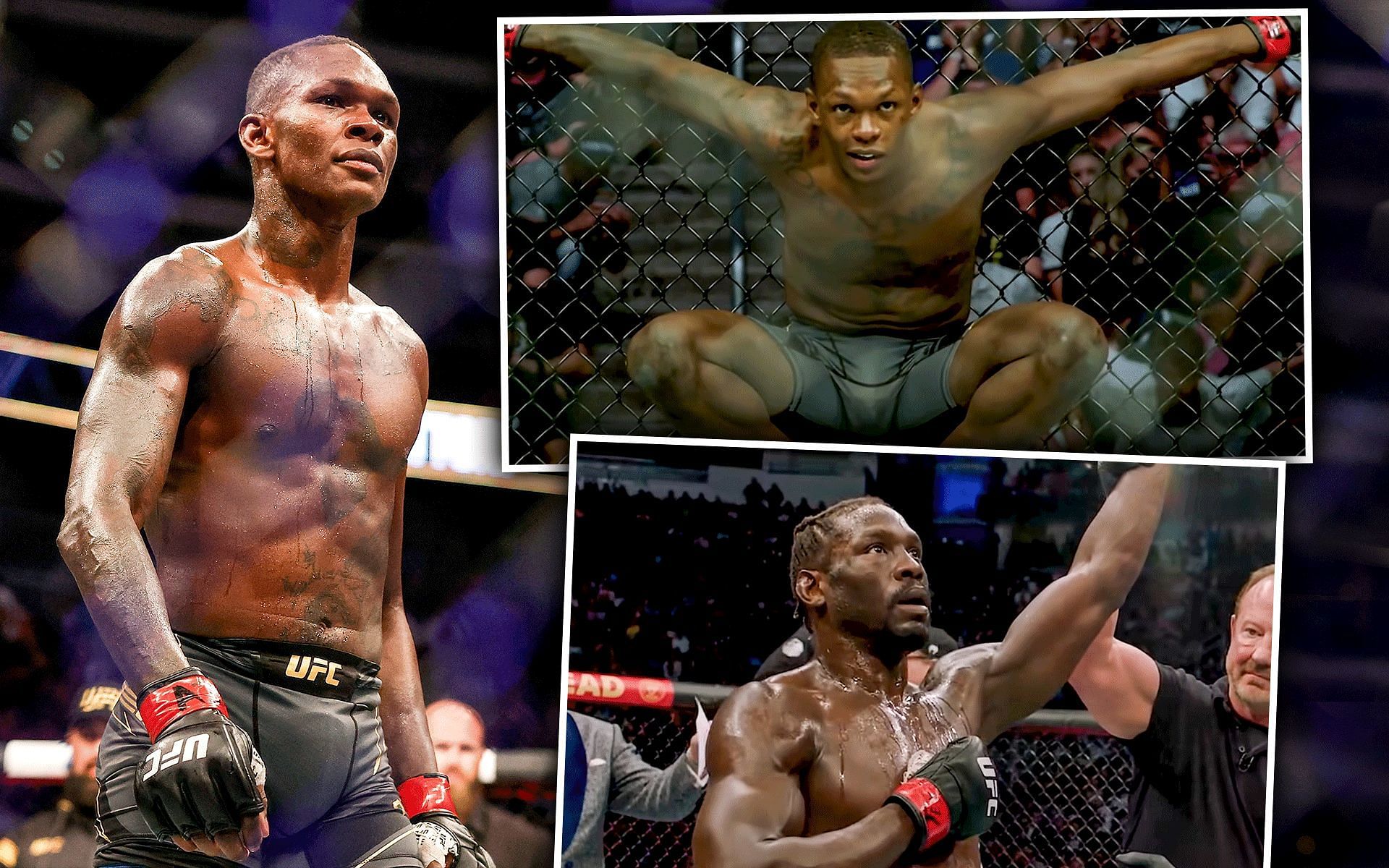 Israel Adesanya (left and top right), Jared Cannonier (bottom right) [Right images via FREESTYLEBENDER on YouTube]
