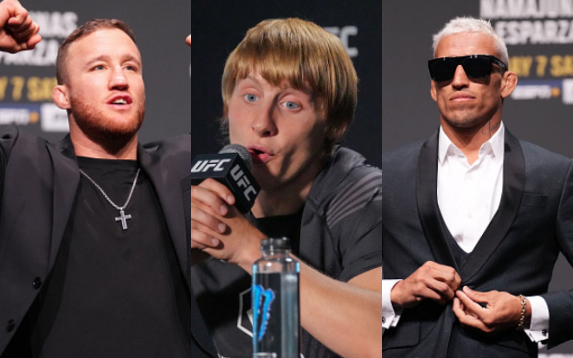 Justin Gaethje (left); Paddy Pimblett (center); Charles Oliveira (right)