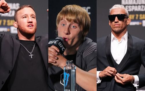 Justin Gaethje (left); Paddy Pimblett (center); Charles Oliveira (right)