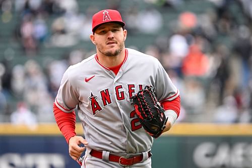 Los Angeles Angels outfielder Trout looking on at Guaranteed Rate Field in Chicago where his Angels were finishing up a four-game series with the White Sox on Monday.