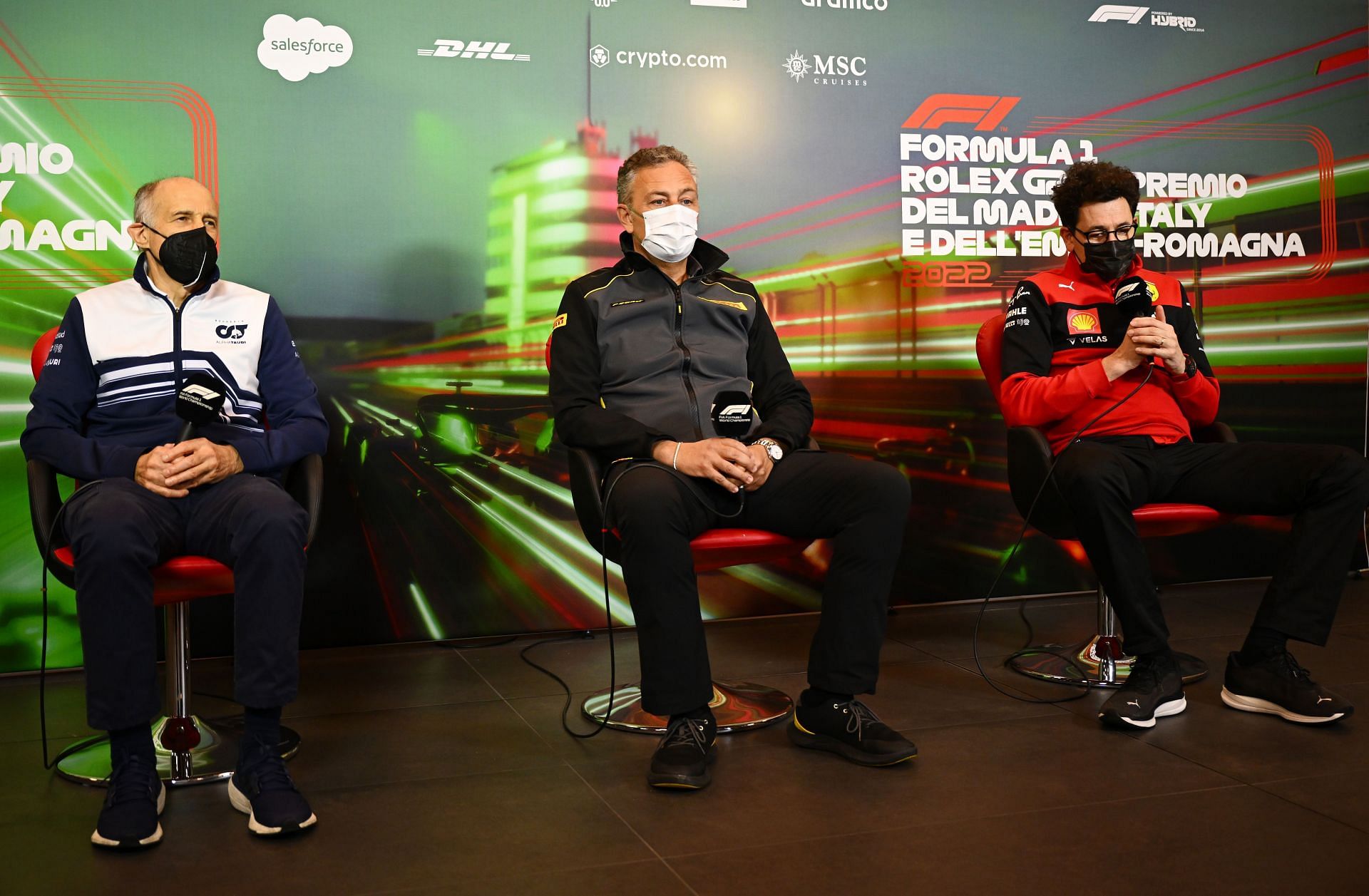 AlphaTauri boss Franz Tost (left), Pirelli boss Mario Isola (center) and Ferrari boss Mattia Binotto during the pre-race press conference at the 2022 F1 Imola GP (Photo by Clive Mason/Getty Images)