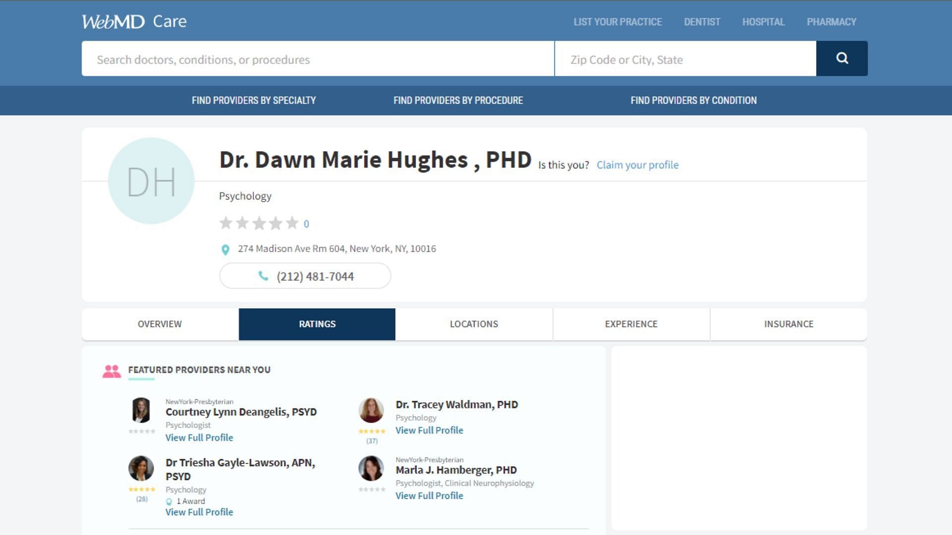 Screenshot of Dawn Hughes&#039; WebMD profile on May 10, 2022.