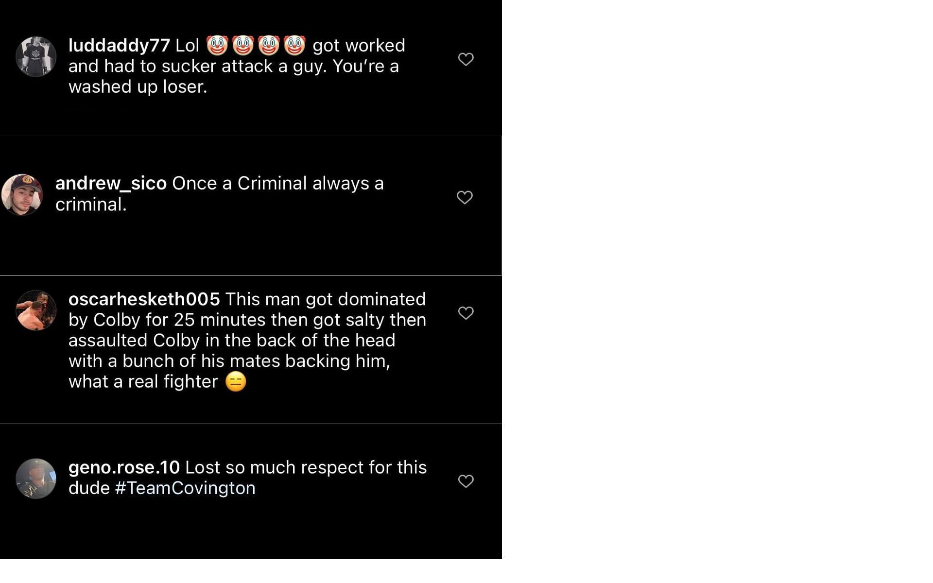 Screenshots of Colby Covington fans criticizing Jorge Masvidal in the comments section of Masvidal&#039;s Instagram post.