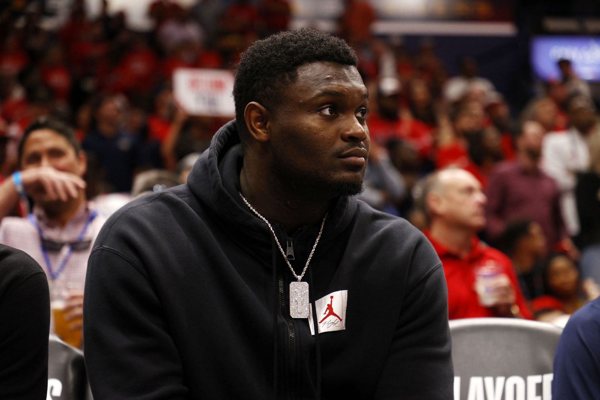 Zion Williamson #1 of the New Orleans Pelicans looks on during the game against the Phoenix Suns at Smoothie King Center on April 28, 2022 in New Orleans, Louisiana.