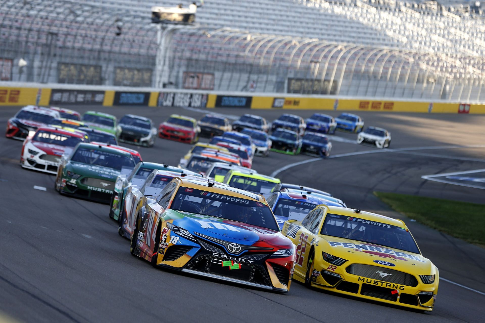 Kyle Busch leads the field during the 2020 &lt;a href=&#039;https://www.sportskeeda.com/go/nascar-cup-series&#039; target=&#039;_blank&#039; rel=&#039;noopener noreferrer&#039;&gt;NASCAR Cup Series&lt;/a&gt; South Point 400 at Las Vegas Motor Speedway in Las Vegas, Nevada. (Photo by Brian Lawdermilk/Getty Images)