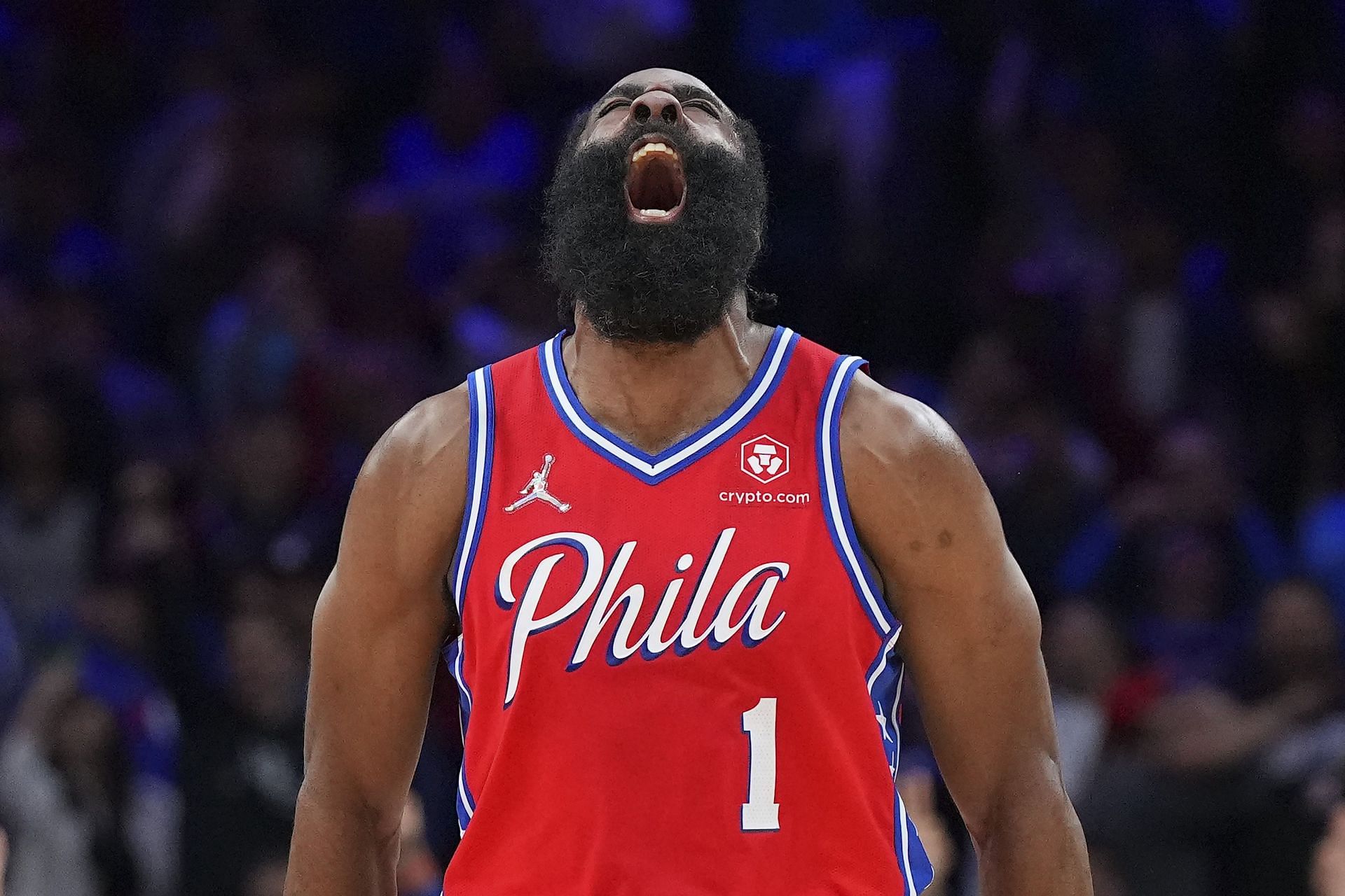 James Harden #1 of the Philadelphia 76ers reacts against the Miami Heat in the second half during Game Four of the 2022 NBA Playoffs Eastern Conference Semifinals at the Wells Fargo Center on May 8, 2022 in Philadelphia, Pennsylvania. The 76ers defeated the Heat 116-108.