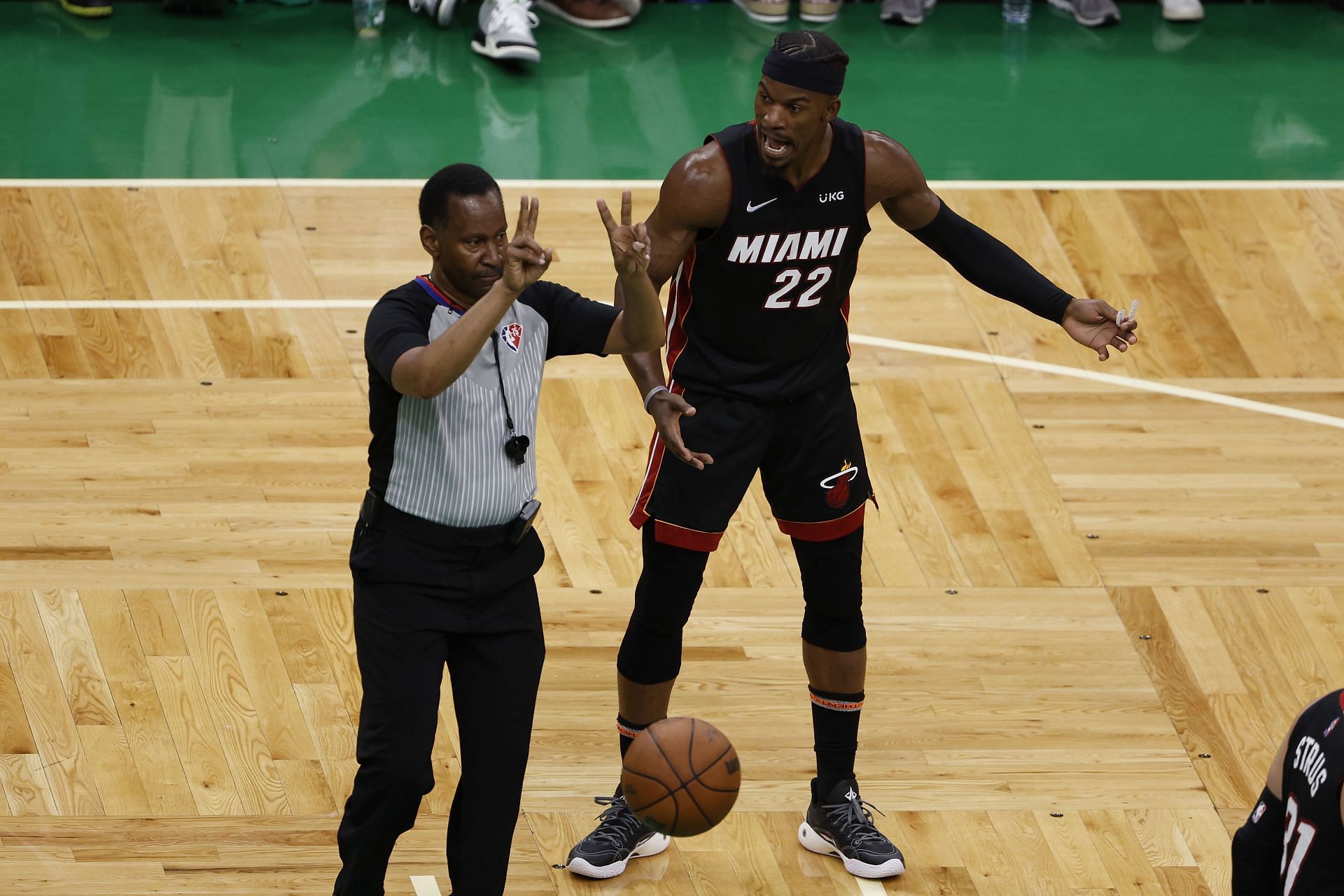 Jimmy Butler of the Miami Heat reacts to a call during Game 3 of the Eastern Conference finals.