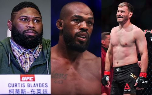 Curtis Blaydes (left); Jon Jones (center); Stipe Miocic (right)