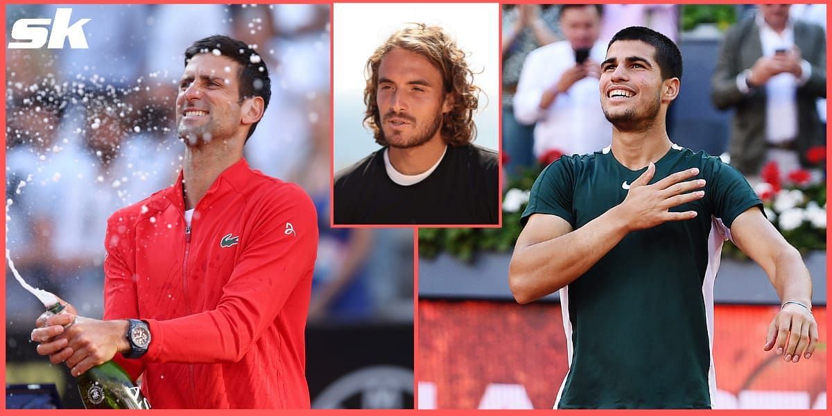 Stefanos Tsitsipas [inset] believes Djokovic [right] and Alcaraz are the favorites for the French Open