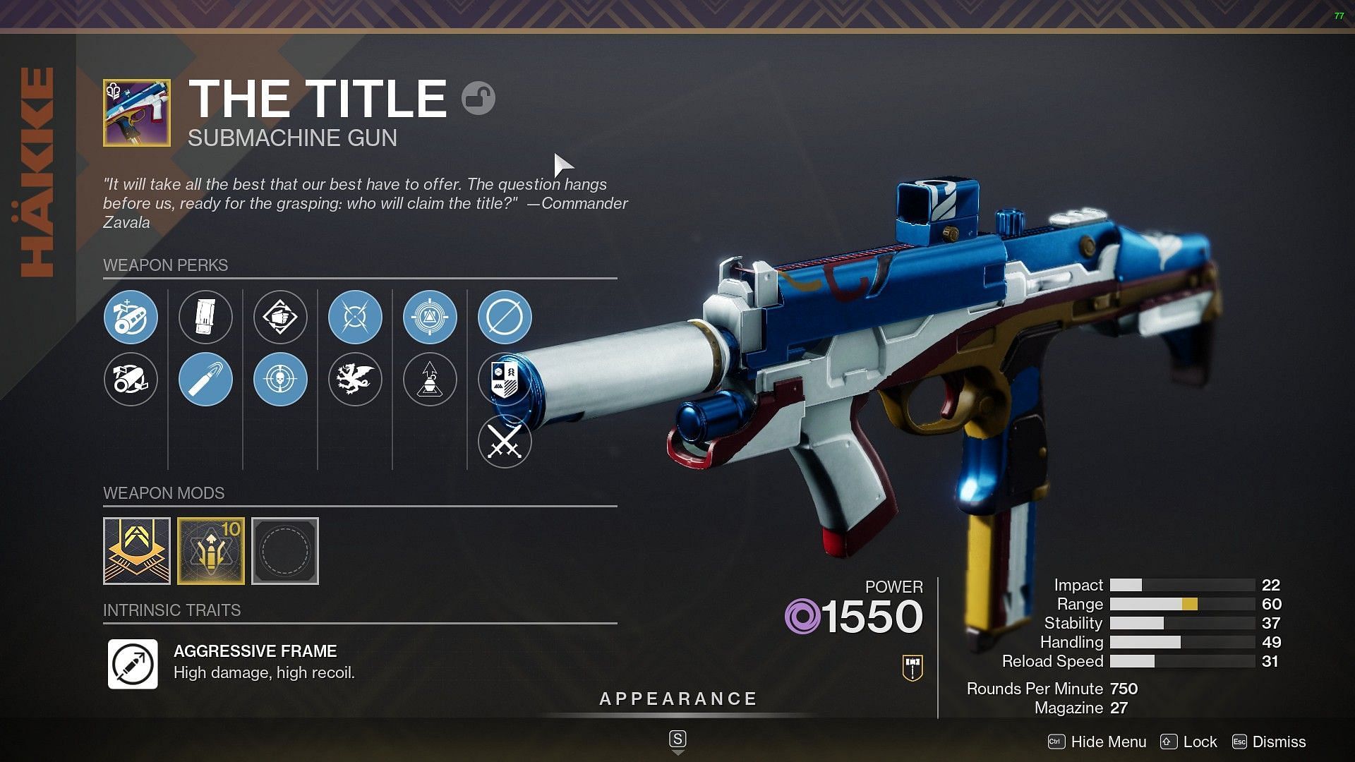 The Title SMG with double perks in Destiny 2 (Image via Bungie)