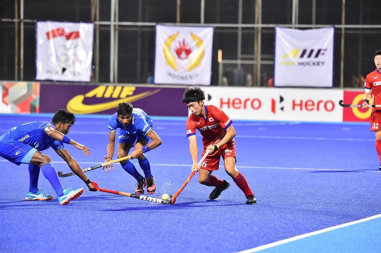 Indian team in action against Japan in an Asia Cup match. (PC: Hockey India)
