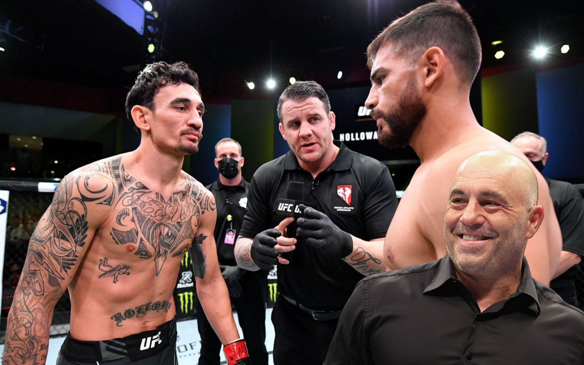 Max Holloway (left), Yair Rodriguez (right), and Joe Rogan (bottom right) (Images via Getty and Twitter/@UFC)
