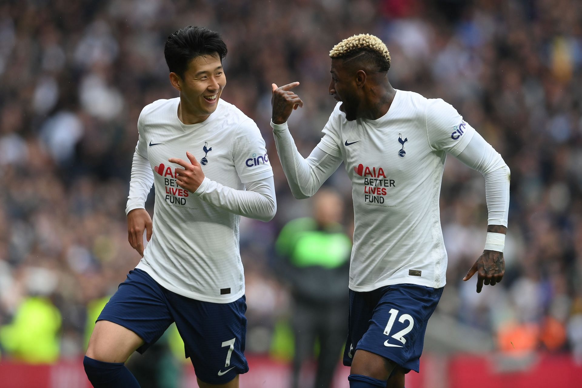 Son Heung-min (L, #7) and Emerson Royal (R, 12) celebrate Tottenham Hotspur&#039;s goal