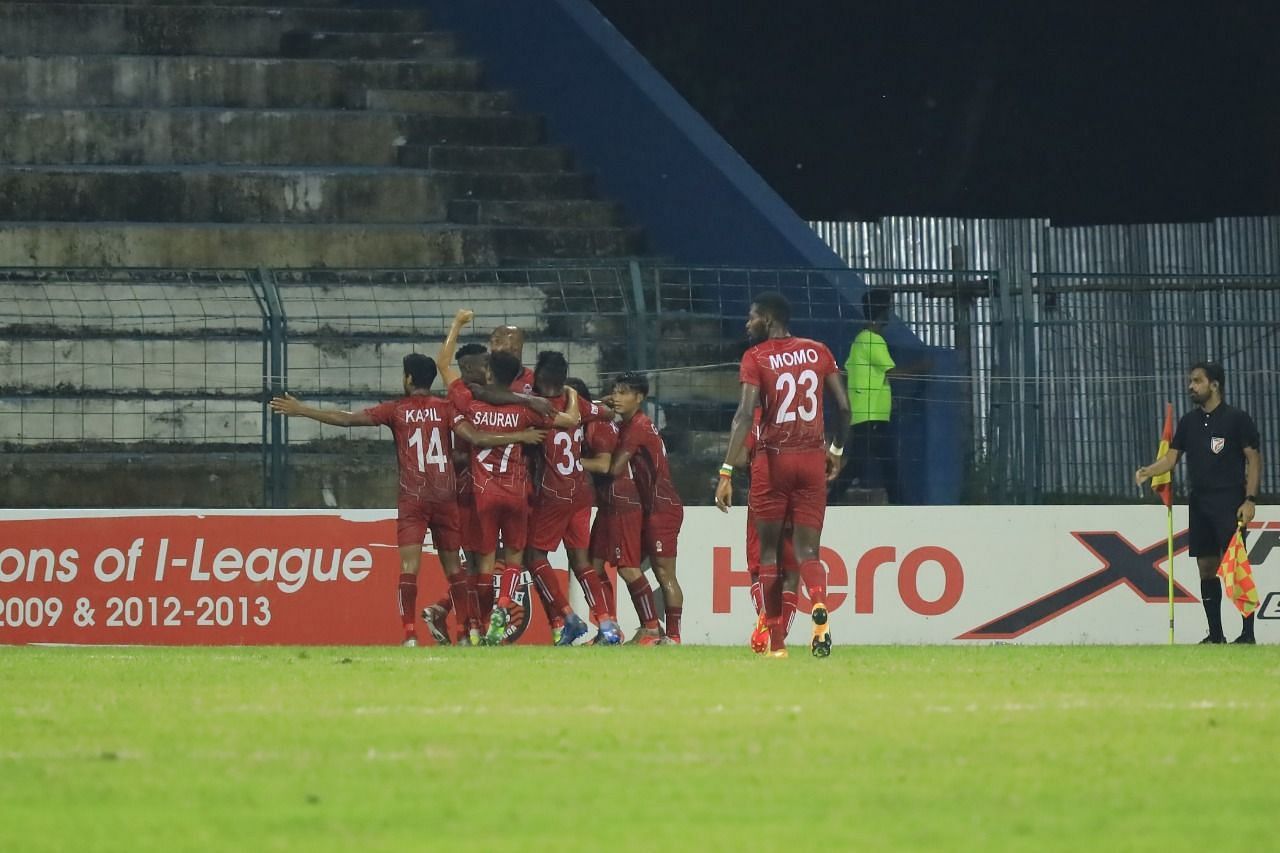 Churchill Brothers SC celebrating their late winner. (Image Courtesy: Twitter/ILeagueOfficial)