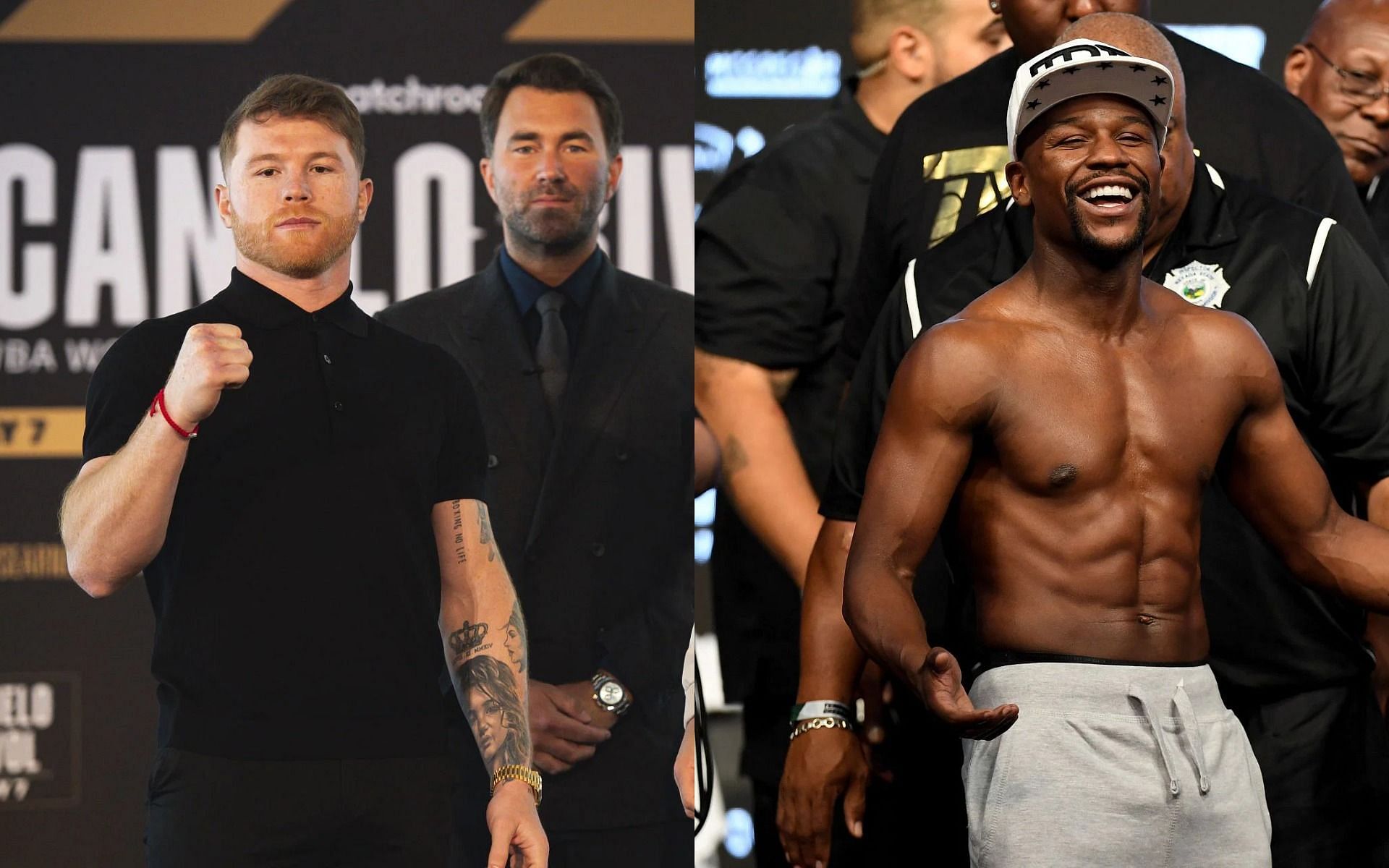 Eddie Hearn seems to believe that Canelo Alvarez (L) would beat Floyd Mayweather (R) in his prime.
