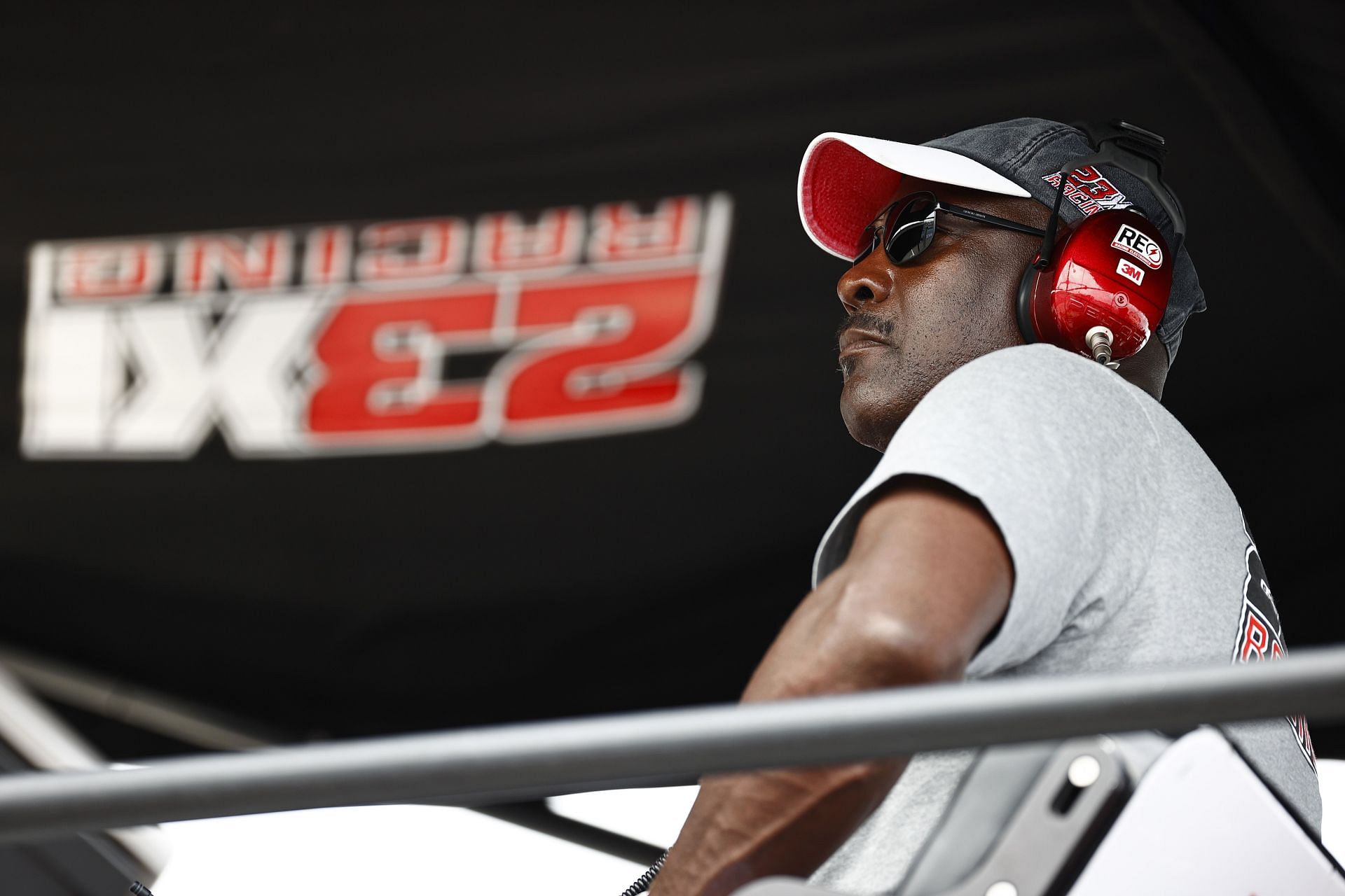 Michael Jordan, co-owner of 23XI Racing, in the pit box at NASCAR Cup Series Go Bowling at The Glen