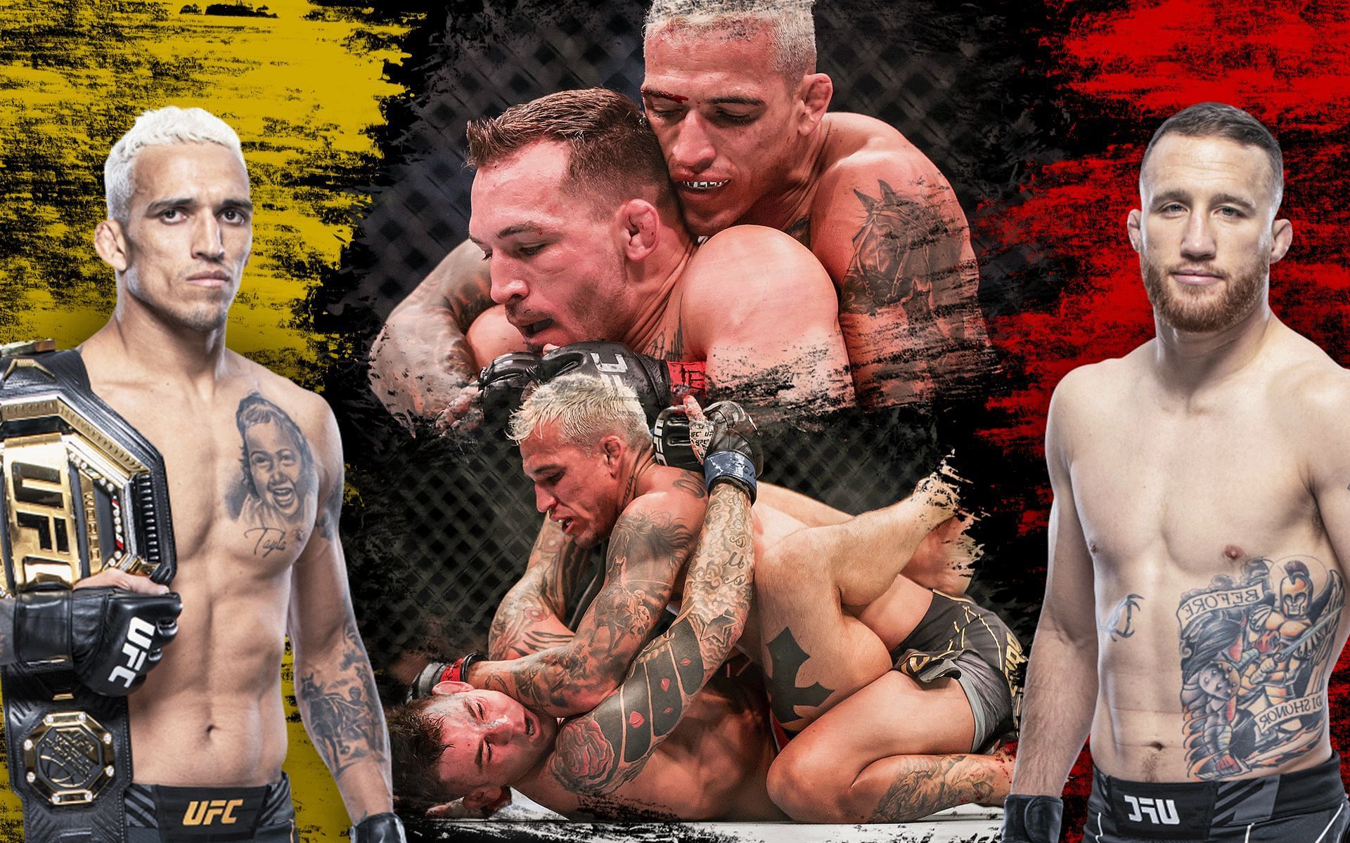 Charles Oliveira (left), Michael Chandler (top-center), Dustin Poirier (bottom-center), &amp; Justin Gaethje (right) [Image Credits- UFC.com]