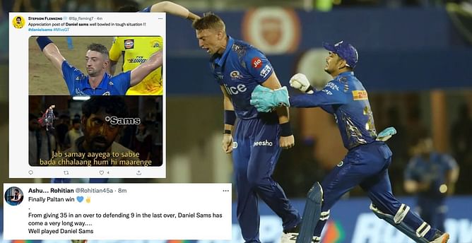 "From giving 35 runs in an over against KKR to defending 9 runs" - Twiteratti lauds MI's Daniel Sams after thrilling win vs GT