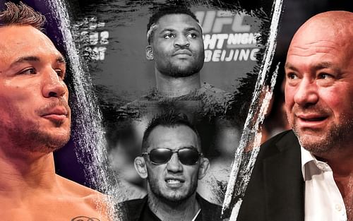 Michael Chandler (left), Francis Ngannou (top center), Tony Ferguson (bottom center), Dana White (Right)