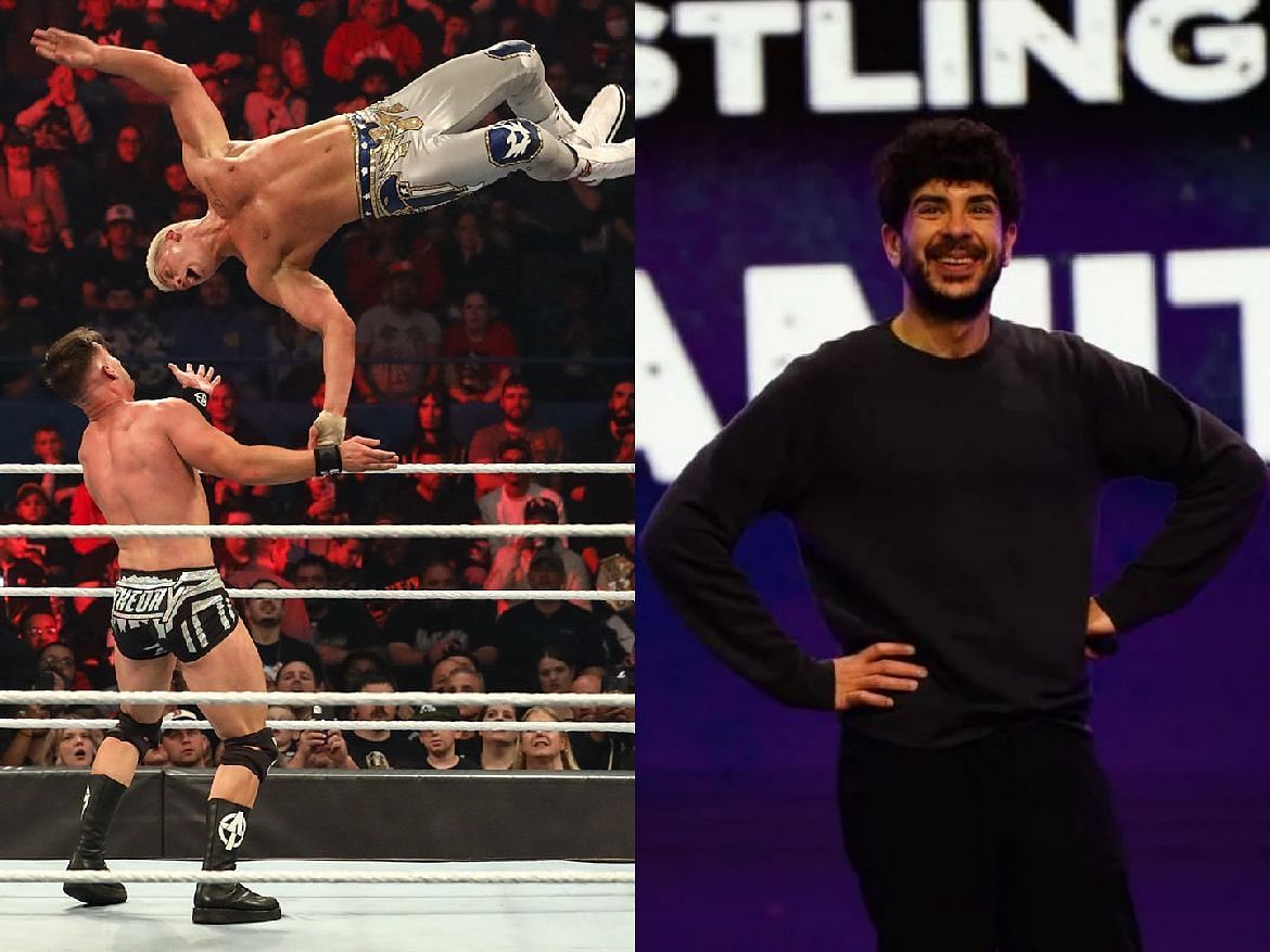 Cody Rhodes and Theory (left) and Tony Khan (right).