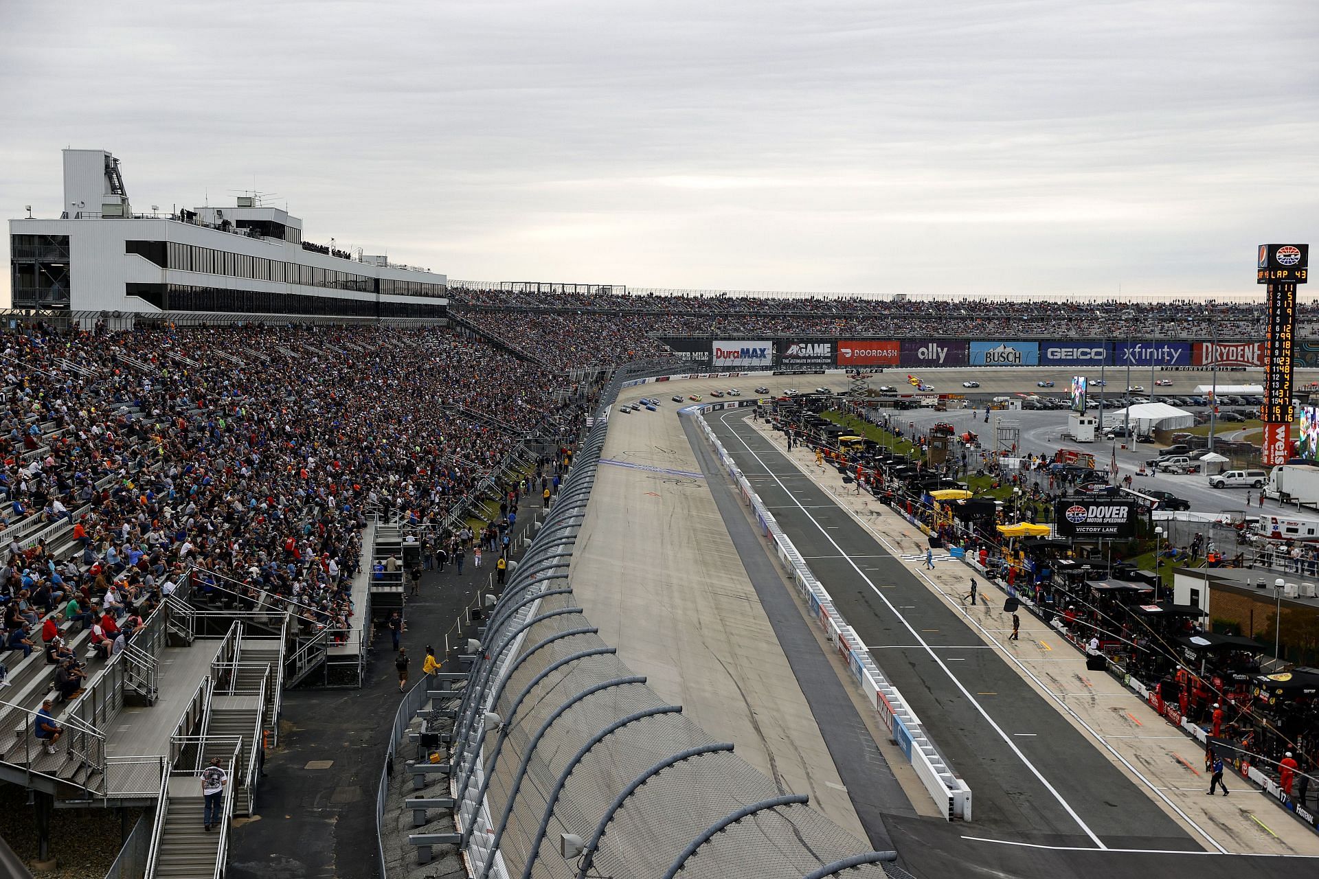 A general view of the pace lap prior to the NASCAR Cup Series DuraMAX Drydene 400 presented by RelaDyne at Dover Motor Speedway (Photo by Tim Nwachukwu/Getty Images)