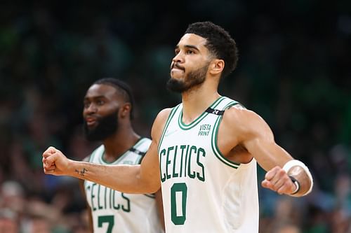 Jayson Tatum and Jaylen Brown of the Boston Celtics in the 2022 NBA playoffs.