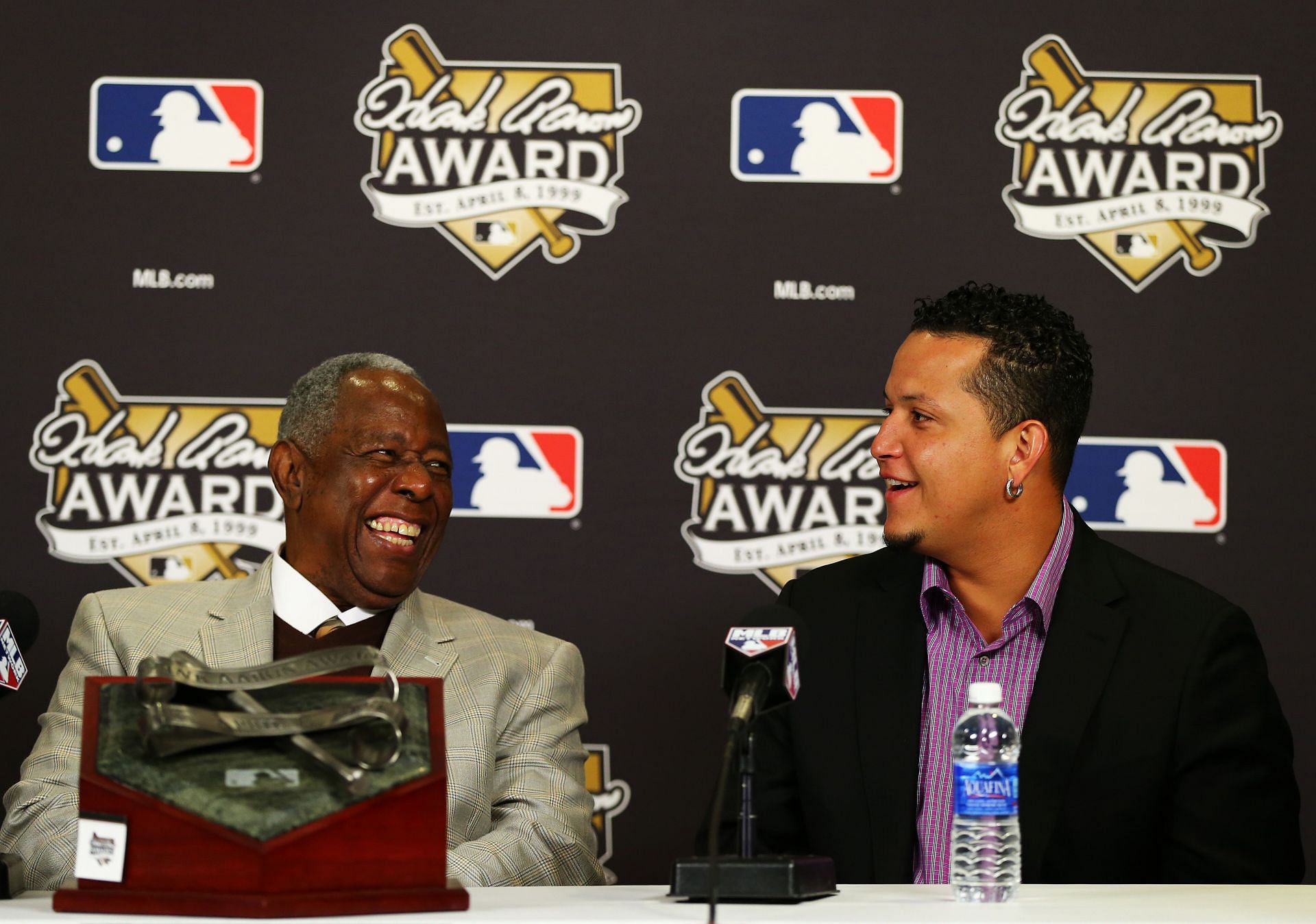 Tigers infielder Miguel Cabrera and Baseball Hall of Famer Hank Aaron