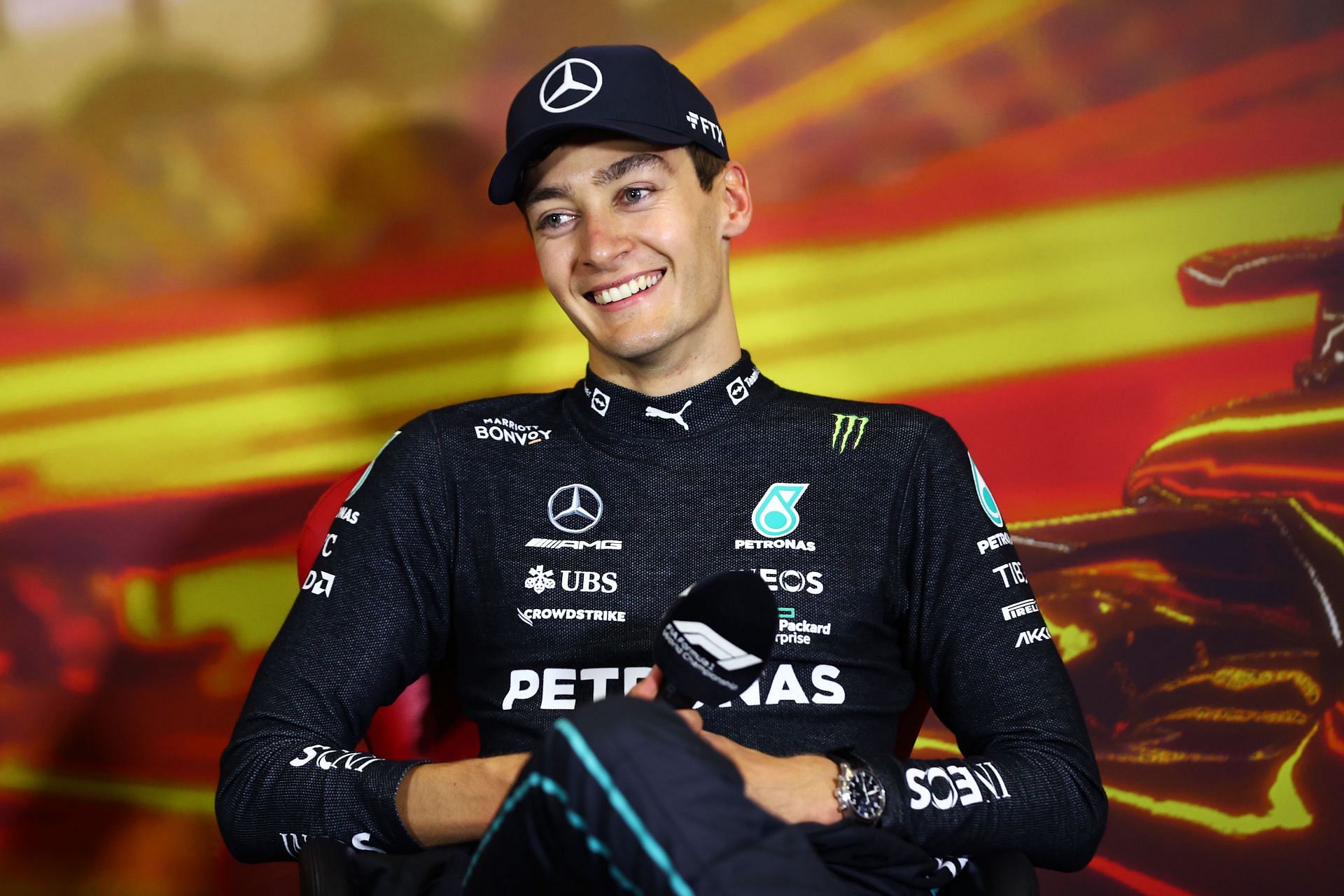 George Russell talks in the press conference after the F1 Grand Prix of Spain (Photo by Dan Istitene/Getty Images)