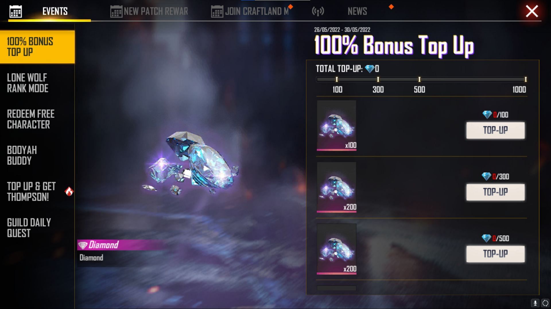 Individuals can earn up to 1000 diamonds as a bonus through the event (Image via Garena)