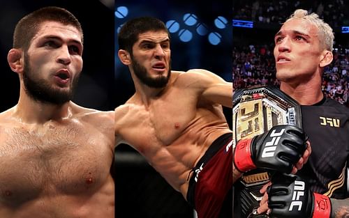 Khabib Nurmagomedov (left), Islam Makhachev (center), Charles Oliveira (right)