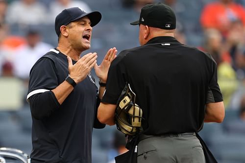 Aaron Boone argues with an umpire during a game against the Baltimore Orioles last season.