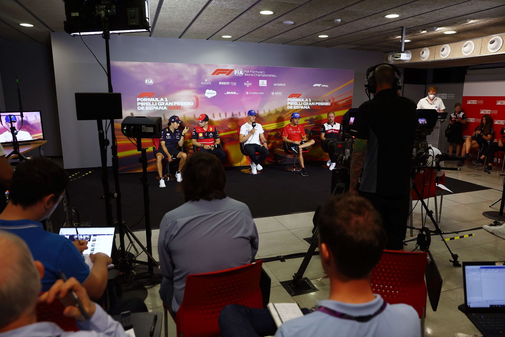 F1 drivers speak to the media ahead of the first practice session at the 2022 F1 Spanish GP (Photo by Lars Baron/Getty Images)