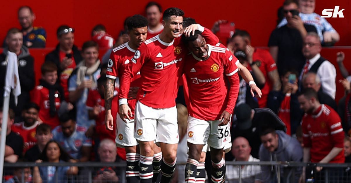 Manchester United forwards Anthony Elanga (right) and Cristiano Ronaldo