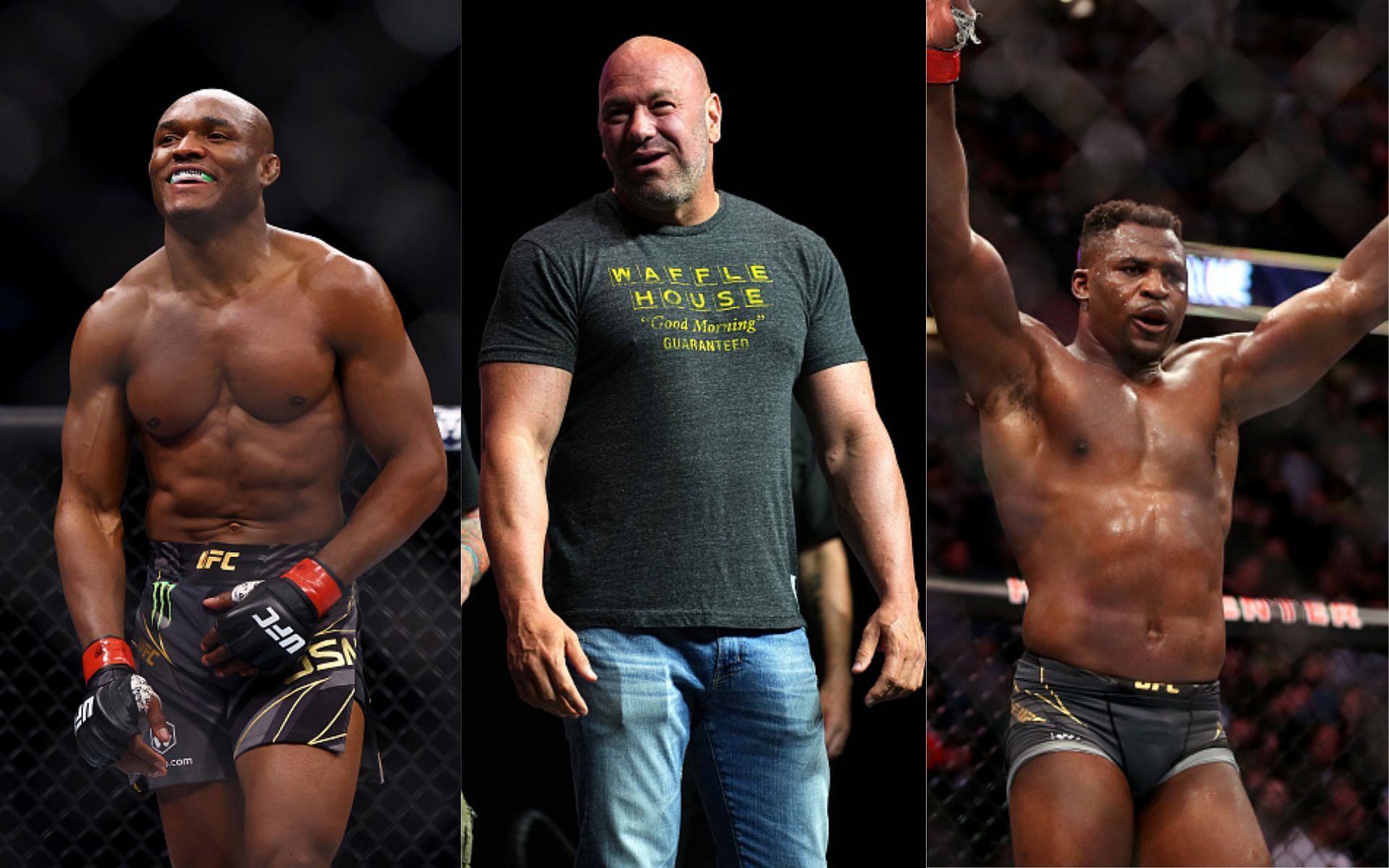 Kamaru Usman (left), Dana White (middle), and Francis Ngannou (right) (Images via Getty)