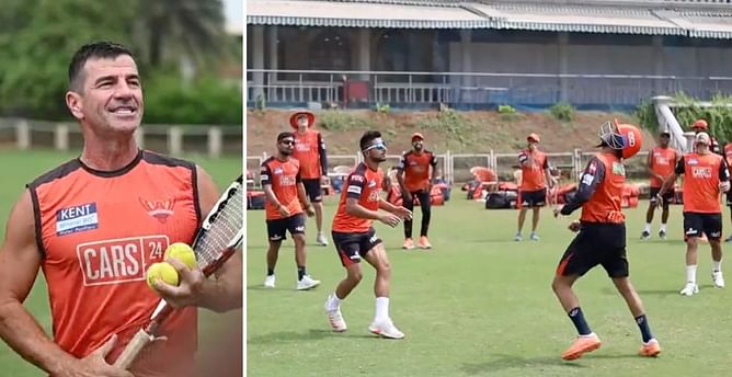 [Watch] "To keep the spirits high and reflexes sharp" - SRH players play hilarious helmet-ball game