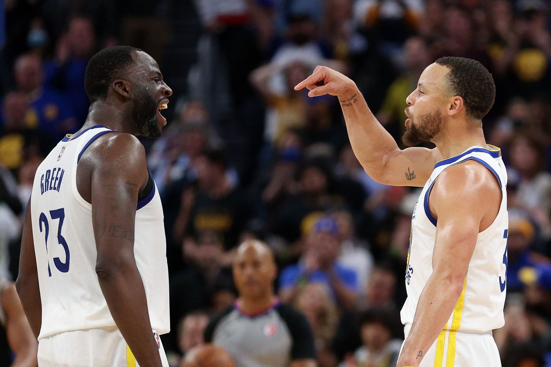 Draymond Green and Steph Curry of the Golden State Warriors