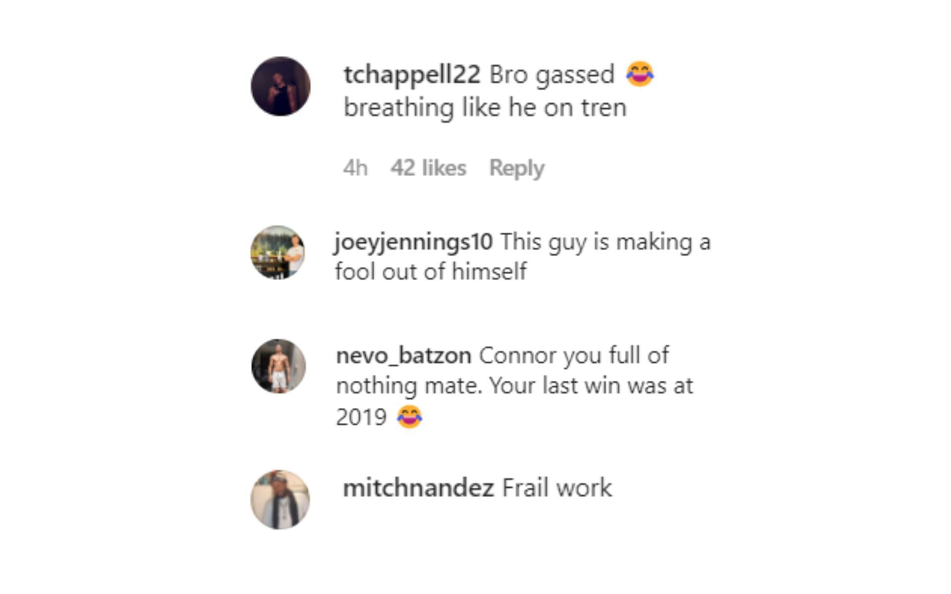 Compilation of a few remarks under Conor McGregor's post on Instagram