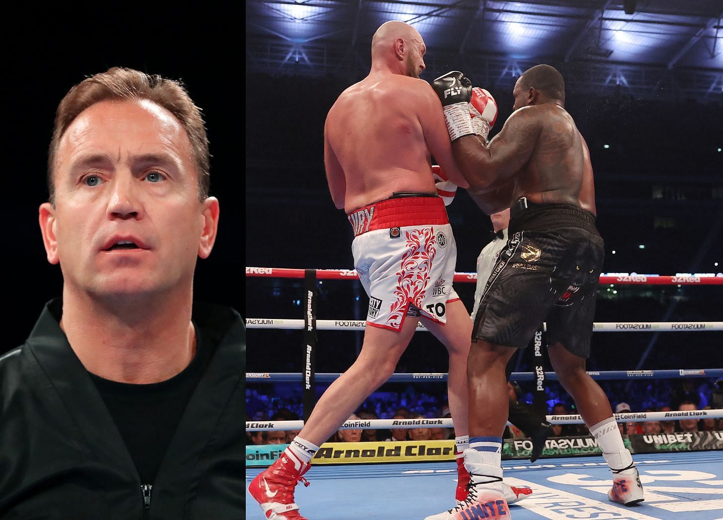 Mark Tibbs (left) Tyson Fury landing knockout punch on Dillian Whyte (right)