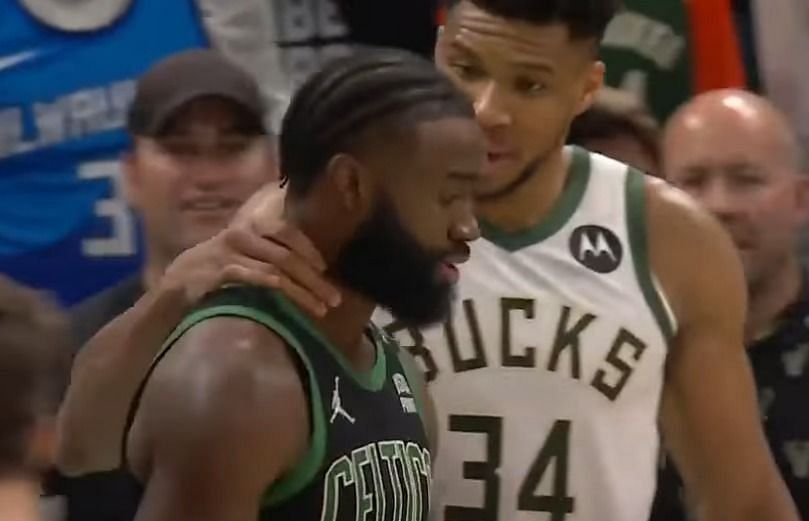 Jaylen Brown and Giannis Antetokounmpo after the latter tried to foul Brown on a dunk attempt.