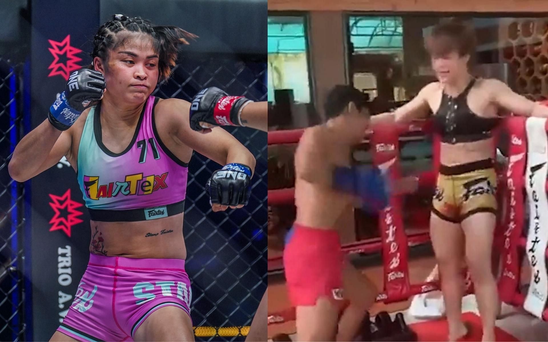 Stamp Fairtex trains her mid-section by deliberately absorbing hard body shots. (Image courtesy: ONE Championship, @stamp_fairtex on Instagram)