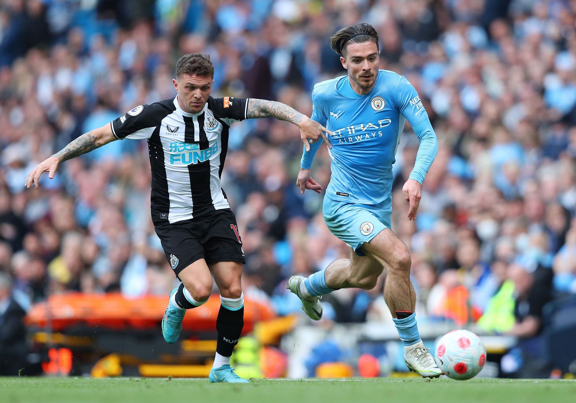 Jack Grealish (R) breezes past Newcastle United&#039;s Kieran Trippier (L)