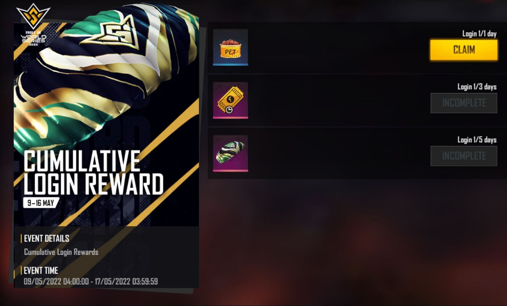 Cumulative Login Reward event only demands users to sign in (Image via Garena)