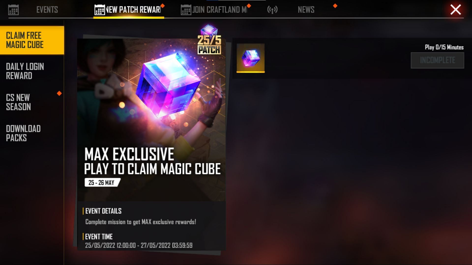 Este é o evento onde os usuários podem ganhar o Cubo Mágico (Imagem via Garena)