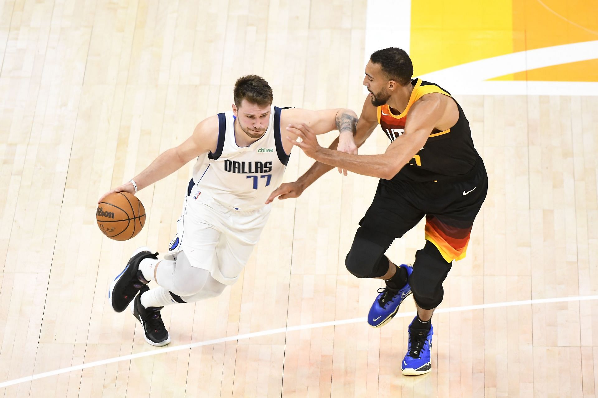 Luka Doncic of the Dallas Mavericks and Rudy Gobert of the Utah Jazz